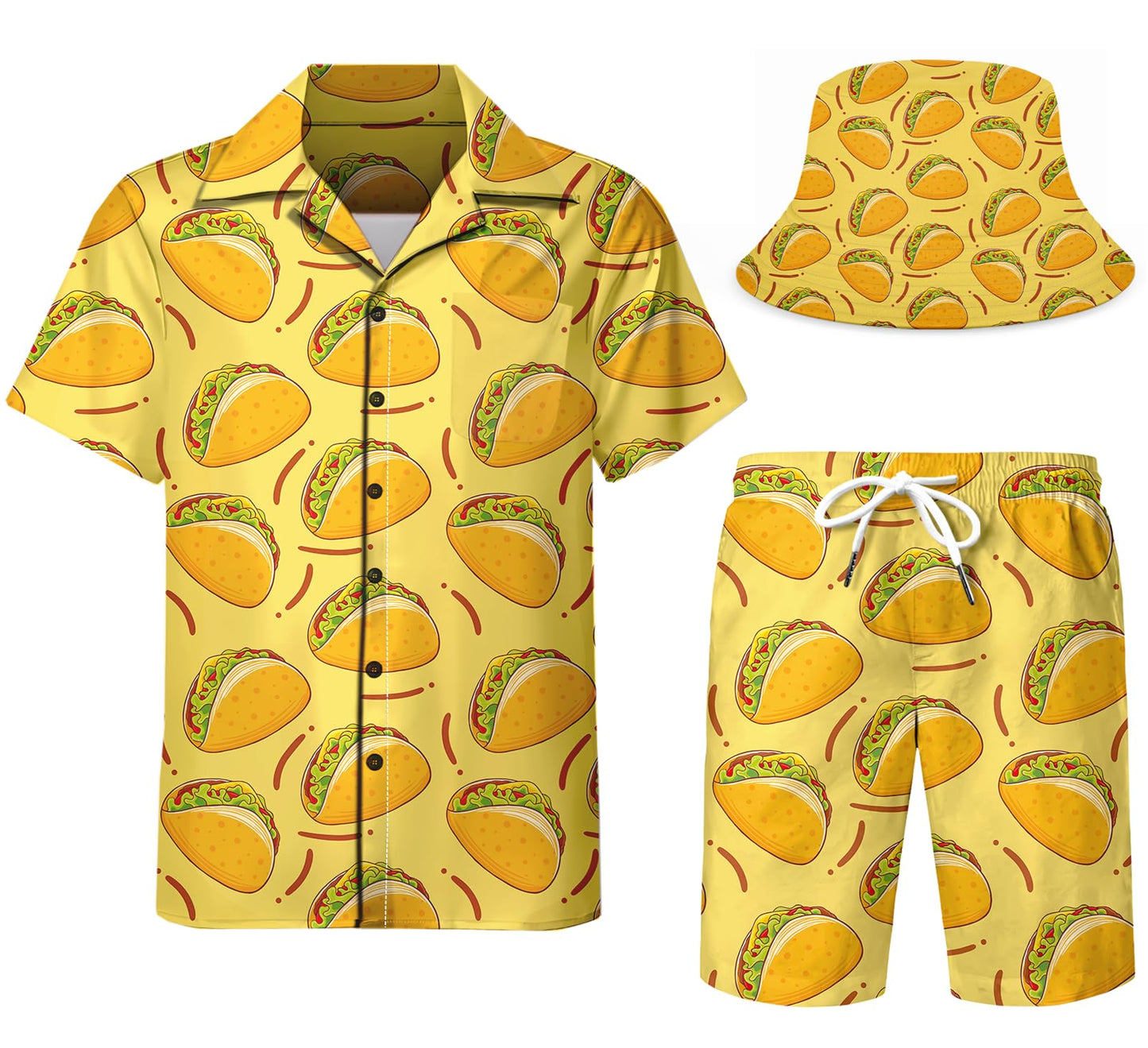 DOOPCCOR Men's 3 Piece Tracksuit Taco Collared funny Hawaiian Shirt rave outfits beach Shorts Button Down Sets With Bucket Hats 06-XL