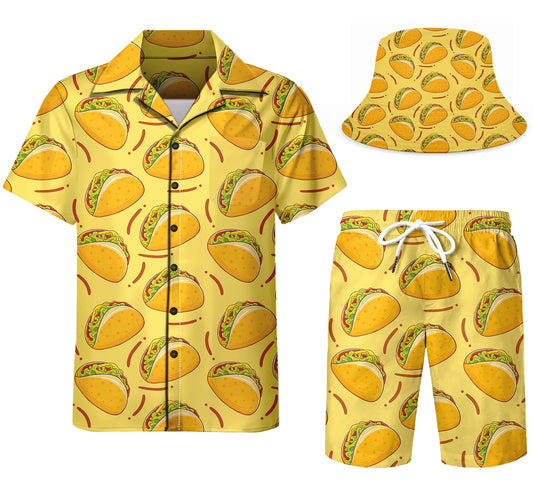 DOOPCCOR Men's 3 Piece Tracksuit Taco Collared funny Hawaiian Shirt rave outfits beach Shorts Button Down Sets With Bucket Hats 06-XL