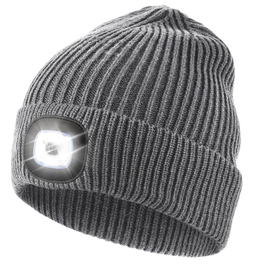 Wmcaps Unisex Hat with Light, USB Rechargeable LED Beanie, Winter Warm Knitted Headlamp Hat Gifts for Men Him Dad Husband
