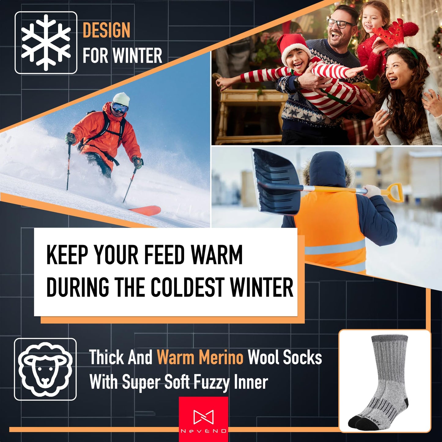 NevEND 3 Pairs Men's Winter Thermal Boot Thick Insulated Heated Wool Socks For Cold Weather Outdoor Activities Strip