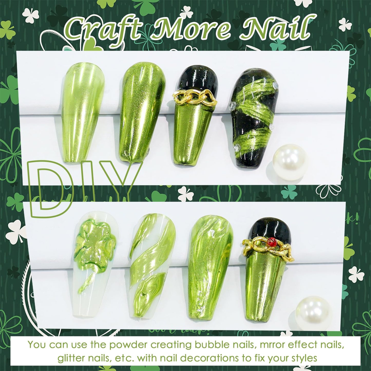 Laza Chrome Nail Powder Mirror Effect Metallic Dust Holographic Glitter Glazed Manicure Decoration Reflective Pigment for DIY Gel Polish Nail Art, Resin Craft, Gifts - Kiwi Green