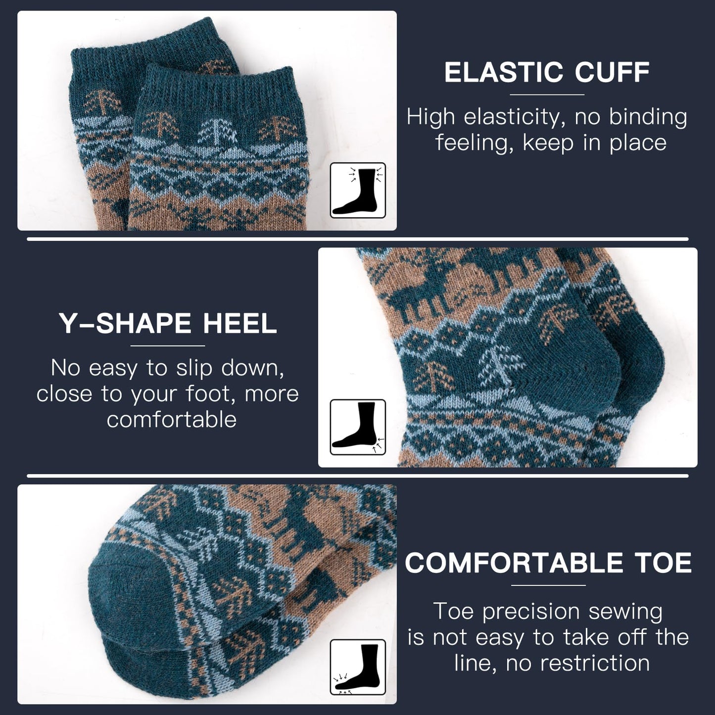 COOPLUS Wool Socks Mens Warm Winter Thermal Thick Pattern Crew Socks for Cold Weather (5 Pairs)