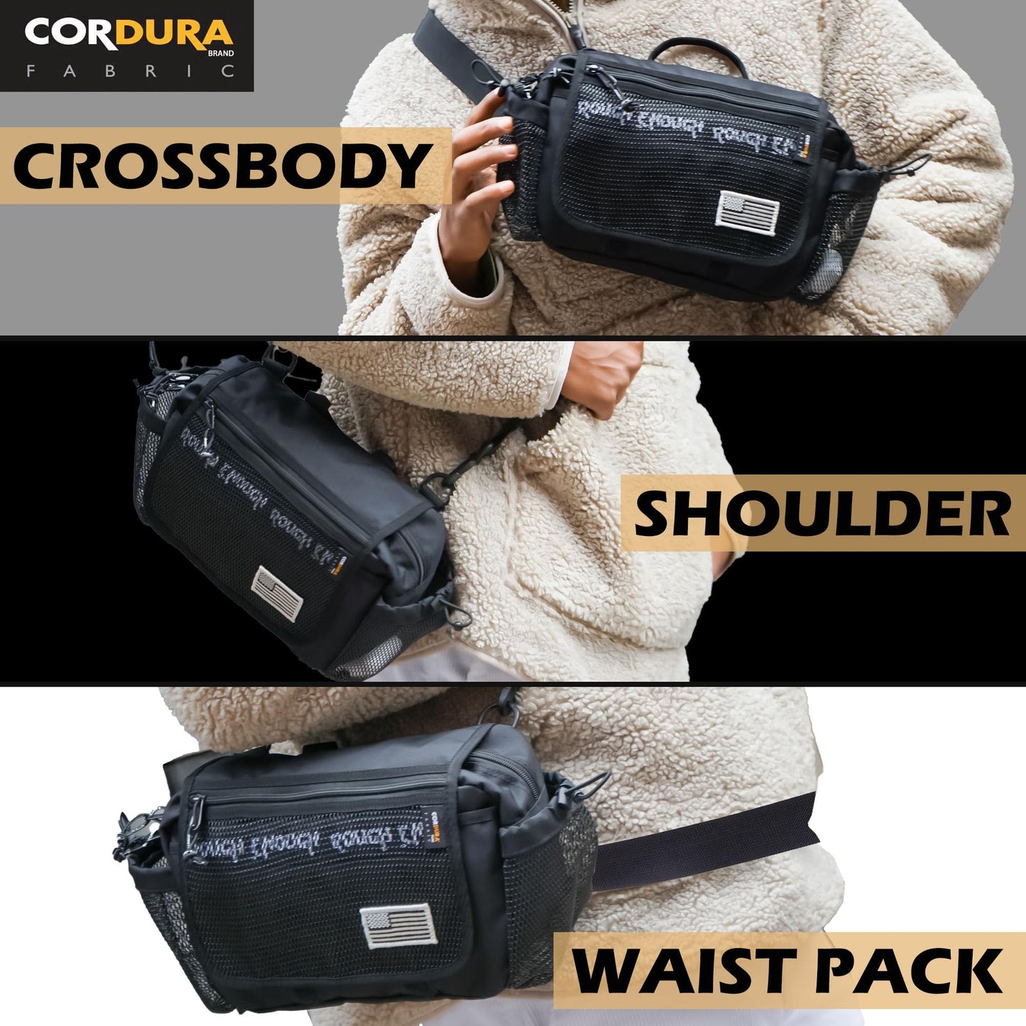 Rough Enough Mens Fanny Pack Crossbody Shoulder Bag Waist Pack for Men 3 in 1 Way Outdoor Fishing Hiking Camping Black Cordura