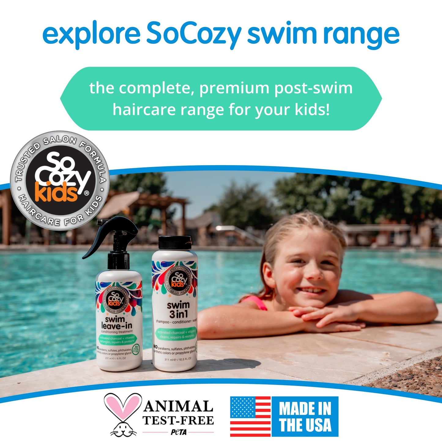 SoCozy Swim 2-in-1 Leave In Conditioner Spray & Treatment for Kids Hair (8 Fl Oz, Pack Of 2) Protects & Repairs Pool, Sun & Salt Damaged Hair, Activated Charcoal, Vitamin B5 & Sunflower Seed Extract