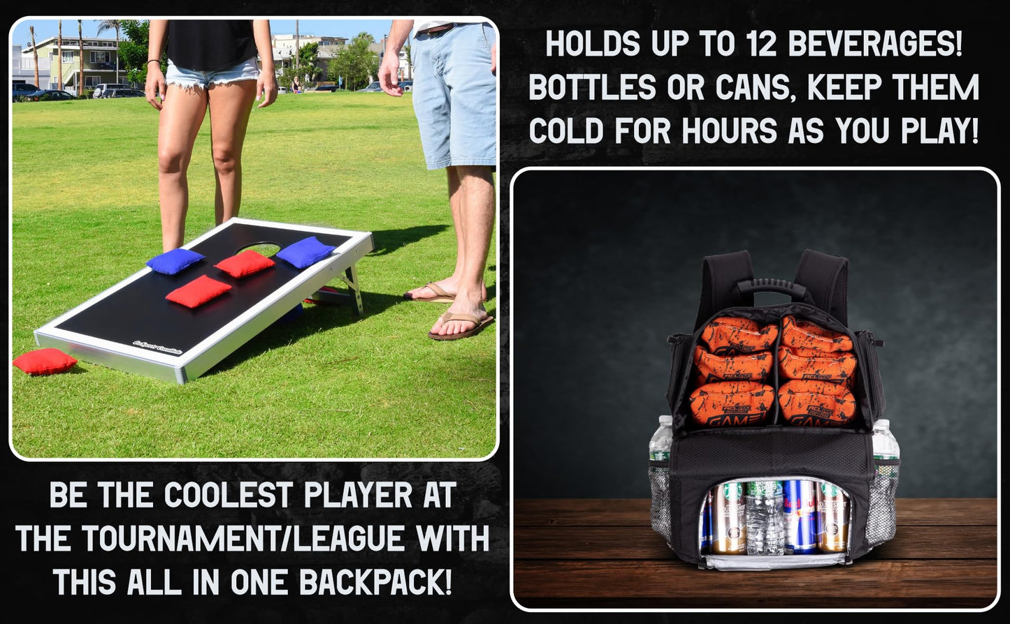 Cornhole Cooler Backpack, Holds up to 2 Sets (8 Bags), Bottle Opener, Cooler Holds up to 12 cans, Extra Compartments for Phone, Storage