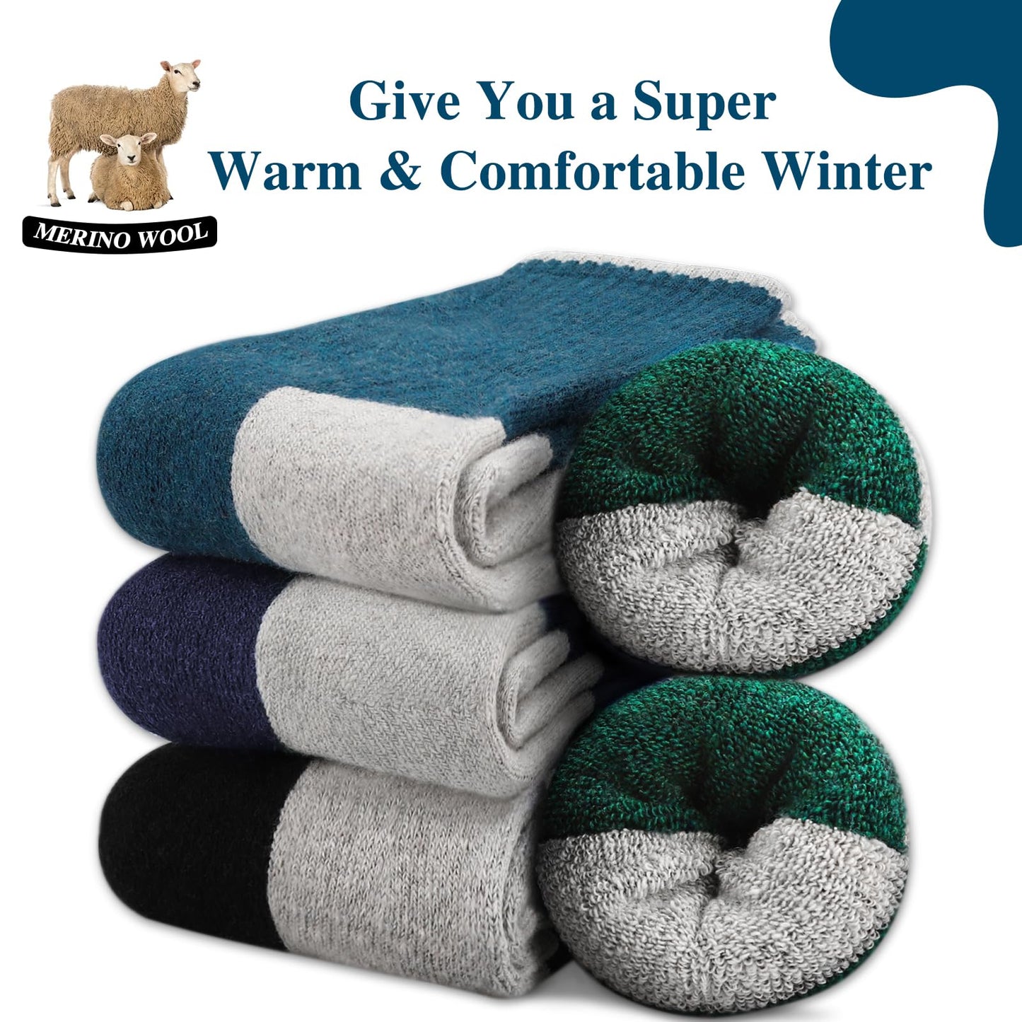 Yeblues 4 Pairs Merino Wool Socks Mens - Thick Thermal Winter Hiking Heavyweight Boot Socks Super Soft Warm Socks for Men (Size 12-17)