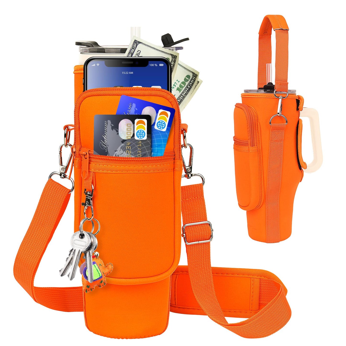 Water Bottle Carrier Bag with Phone Pocket Compatible with Stanley/Meoky 40 oz Tumbler with Handle,Neoprene Water Bottle Holder Pouch with Adjustable Strap Compatible with Stanley Cup Accessories