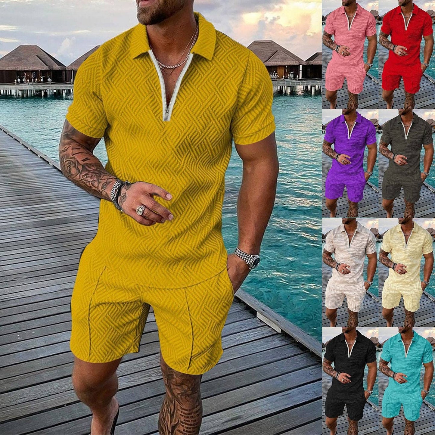 YWASYA men's tracksuits 2 piece outfit,mens two piece outfits sets summer big and tall 1/4 zipper polo shirts and athletic shorts set tracksuits for men set