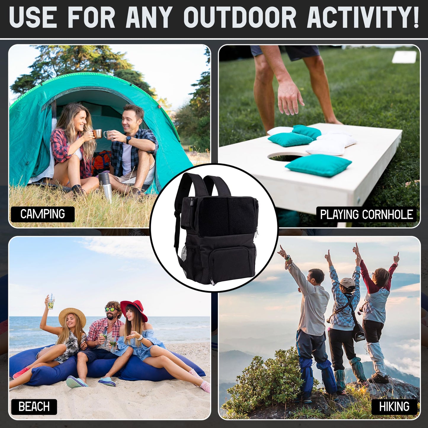 Cornhole Cooler Backpack, Holds up to 2 Sets (8 Bags), Bottle Opener, Cooler Holds up to 12 cans, Extra Compartments for Phone, Storage