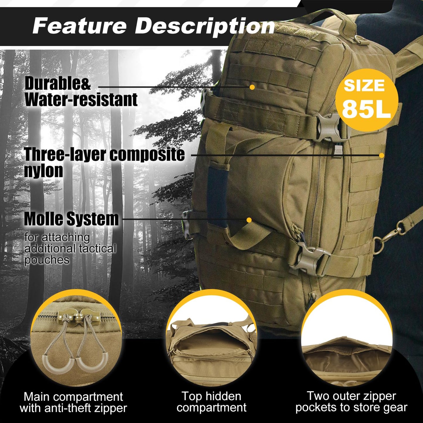 3 In 1 Tactical 85L Military Backpack Travel Duffle Bag for Weekender Gym Workout Deployment