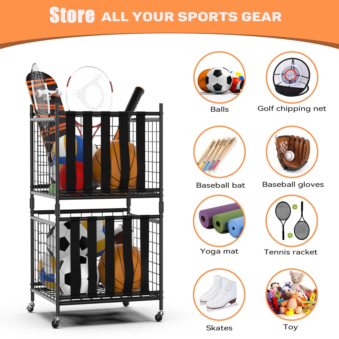 WALMANN Garage Ball Storage, Sports Ball and Sport Equipment Organizer Ball Storage Rack Indoor/Outdoor Rolling Ball/Toy Storage Cart