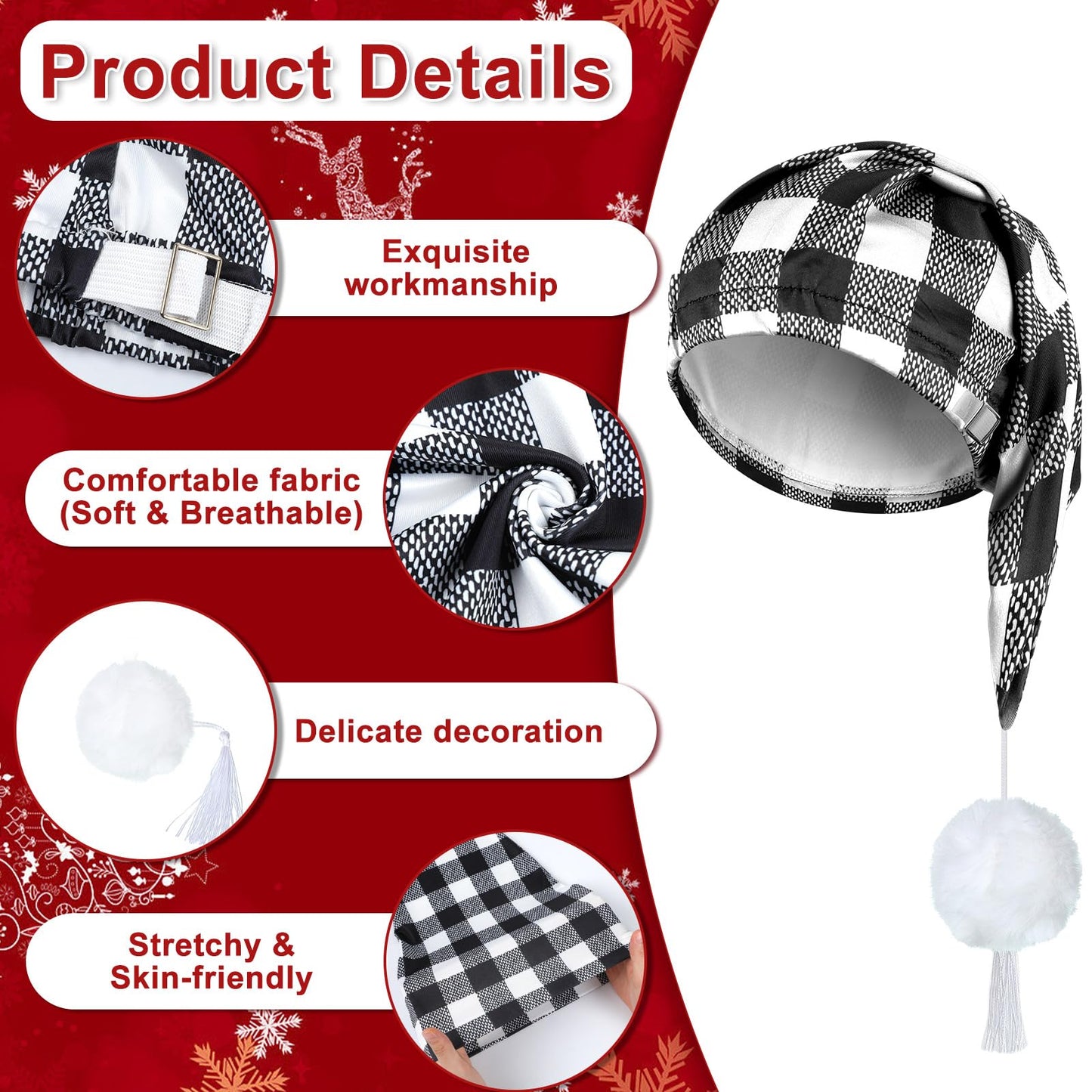 Janmercy 2 Pcs Sleeping Cap for Men Adjustable Sleep Cap Men Buffalo Plaid Night Hat with Ball Tassel for Winter Christmas(Black, White, Red)