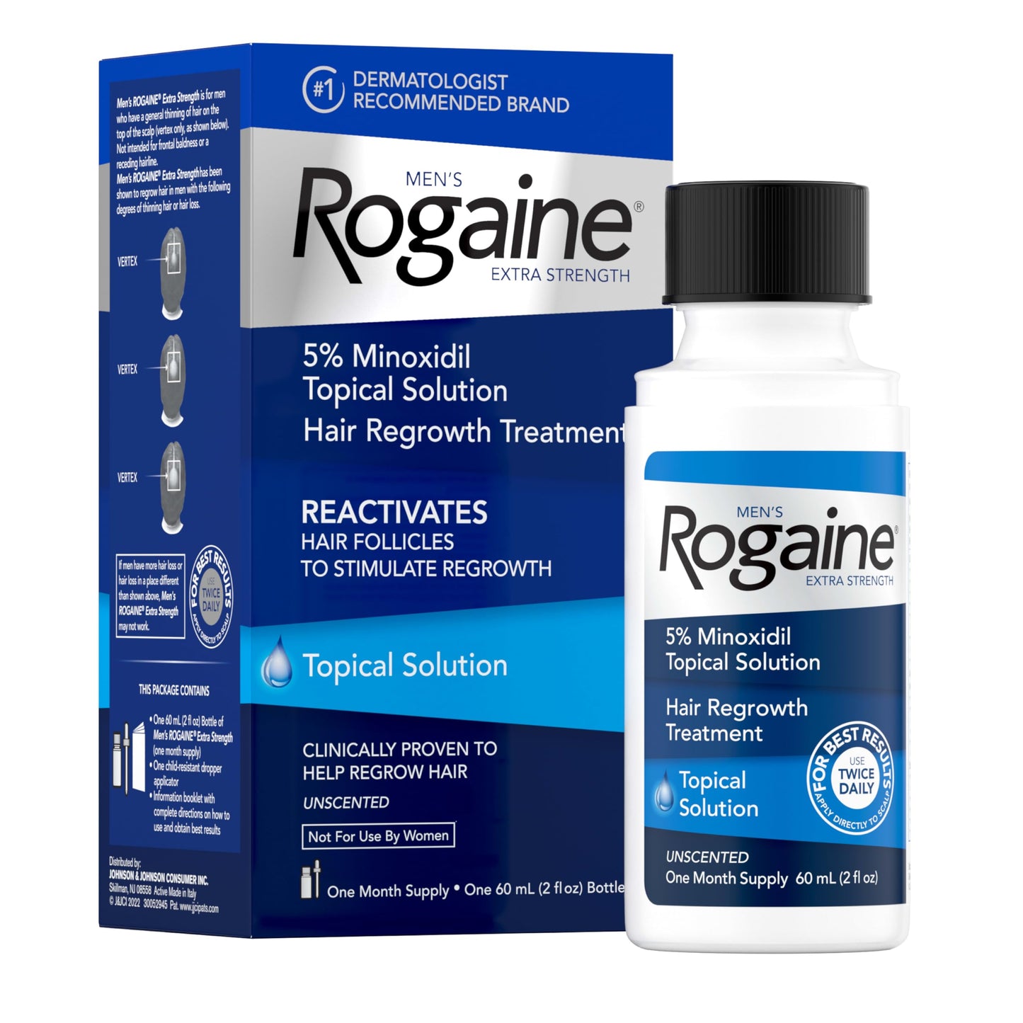 Men's Rogaine Extra Strength 5% Minoxidil Topical Solution for Hair Loss & Regrowth, Topical Treatment for Men, Unscented Minoxidil Follicle Booster Liquid, 1-Month Supply, 2 fl. oz