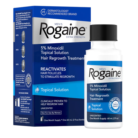 Men's Rogaine Extra Strength 5% Minoxidil Topical Solution for Hair Loss & Regrowth, Topical Treatment for Men, Unscented Minoxidil Follicle Booster Liquid, 1-Month Supply, 2 fl. oz
