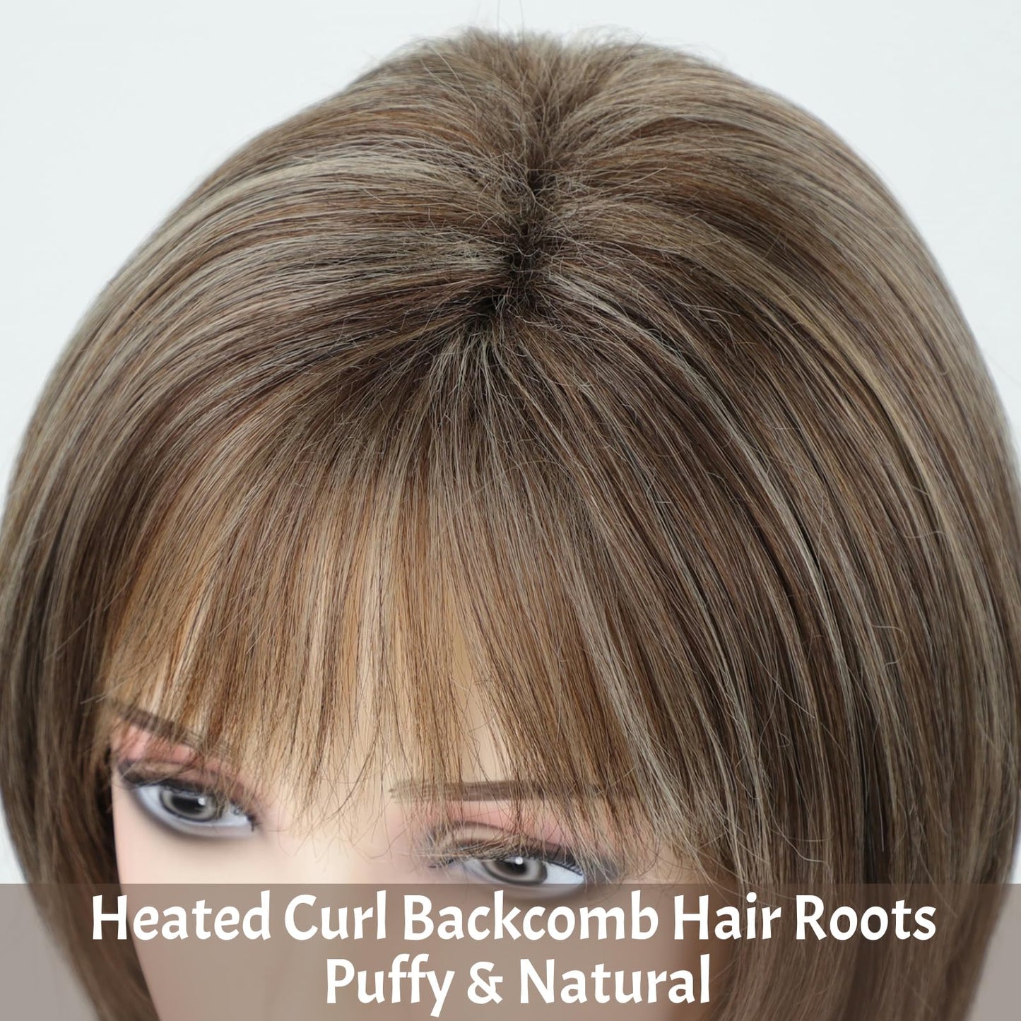 RENERSHOW Brown Highlight Short Pixie Bob Wig with Bangs Layered Brown Mix Blonde Wigs for Women Chin Length Straight Synthetic Wig Natural Looking Daily Party Wig