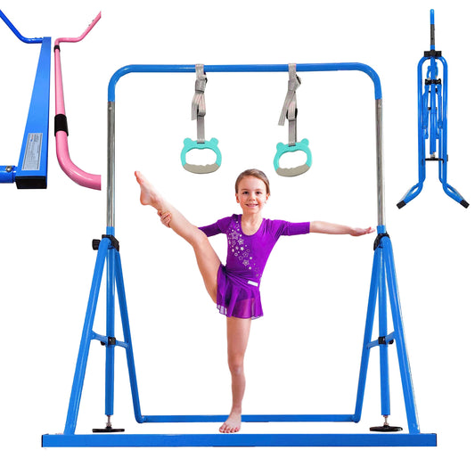 PreGymnastic Updated Folding Gymnastics Bar with Rings, Foldable Kip Bar with Sturdier Base, Gymnasitc Training Bar for Kids Ages 3-10, Gymnastic Horizontal Bars, Home Gym Equipment for Boys Girls