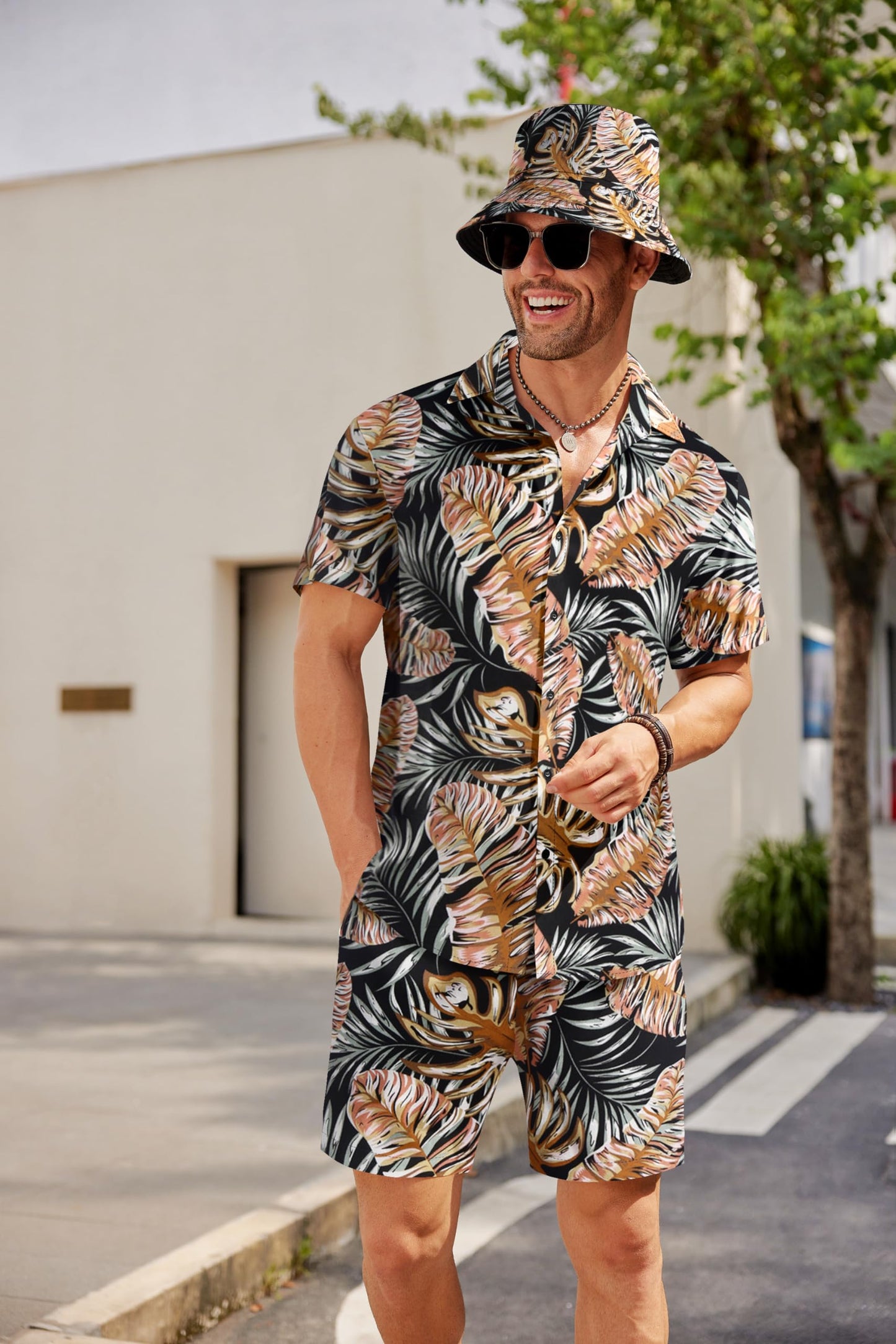 COOFANDY Men's Flower Print Button Down Beach Suit Hawaiian Shirts and Shorts with Hat