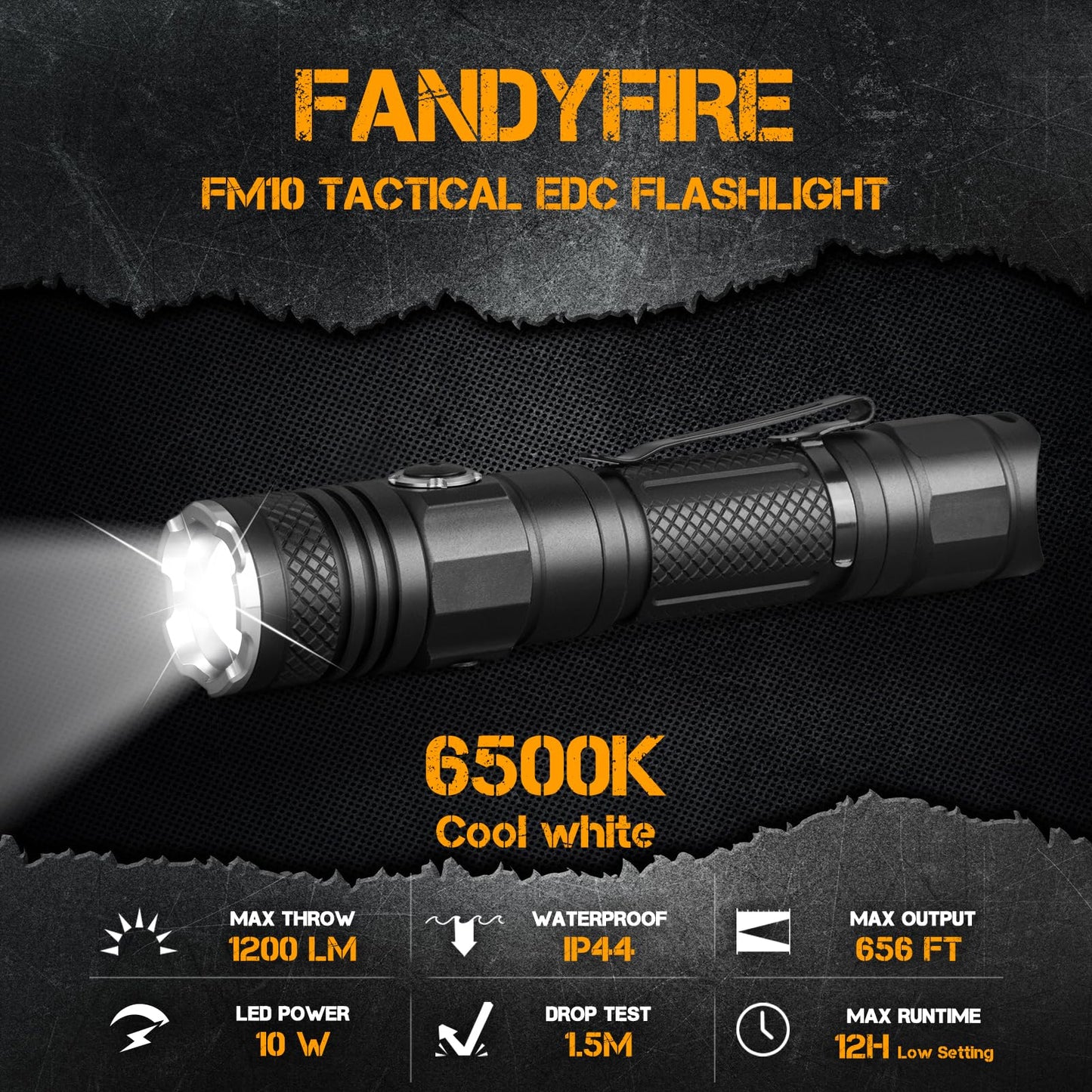 FandyFire FM10 Tactical Flashlight High Lumens with Holster,1200 Lumen Rechargeable Police EDC Flashlight with Belt Holder,Bright Zoomable LED Law Enforcement Flashlights