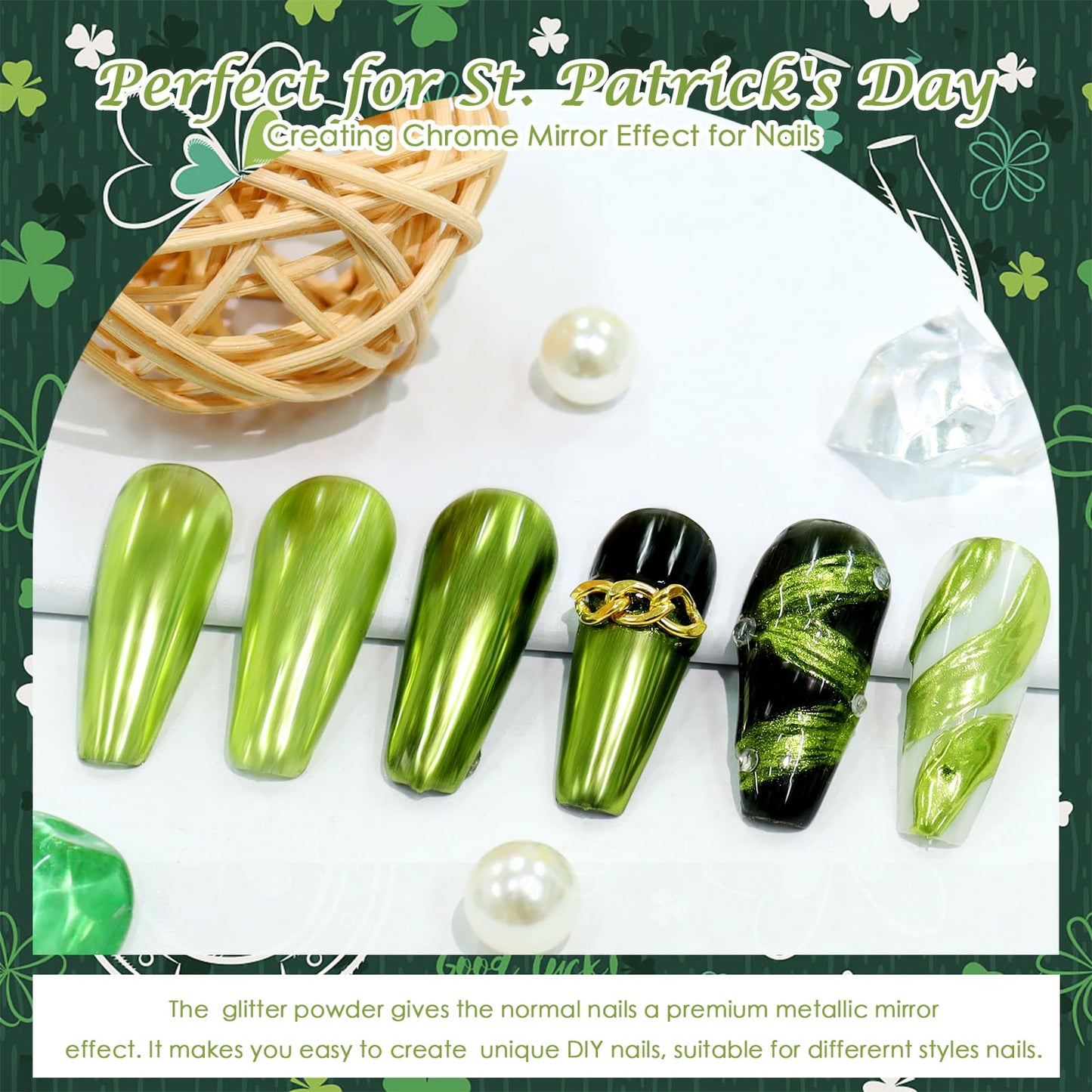 Laza Chrome Nail Powder Mirror Effect Metallic Dust Holographic Glitter Glazed Manicure Decoration Reflective Pigment for DIY Gel Polish Nail Art, Resin Craft, Gifts - Kiwi Green