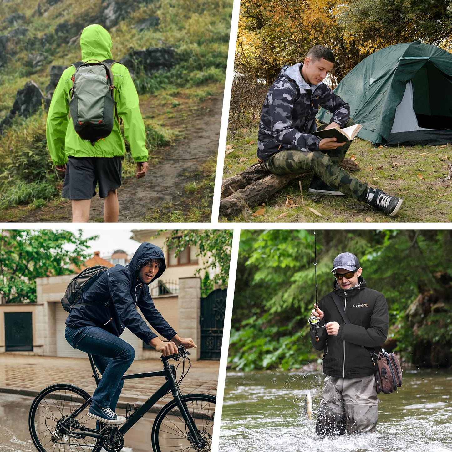 APEXUP Packable Rain Jacket Men with Reflective Zipper, Lightweight Waterproof Jacket Windbreaker Hooded Raincoat, Mens Rain Jackets for Outdoor, Running, Hiking, Travel, Cycling (Camo, 2XL)