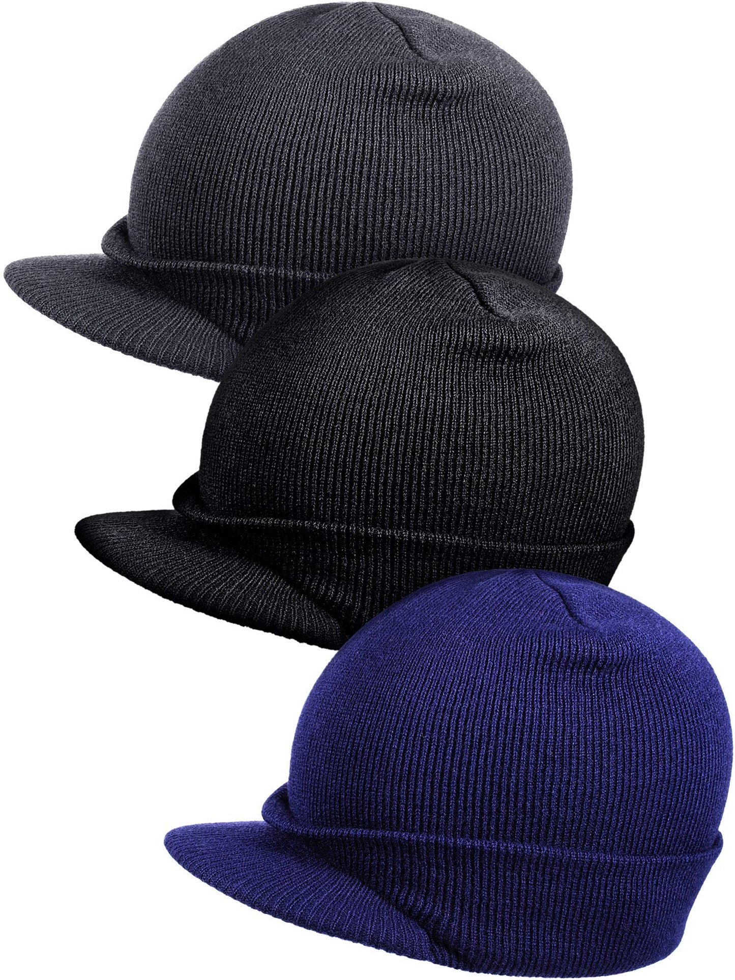 Geyoga 3 Pieces Winter Beanie Hat with Brim Knit Visor Beanie Caps Warm Double Layered Knitted Brim Hat with Visor for Men