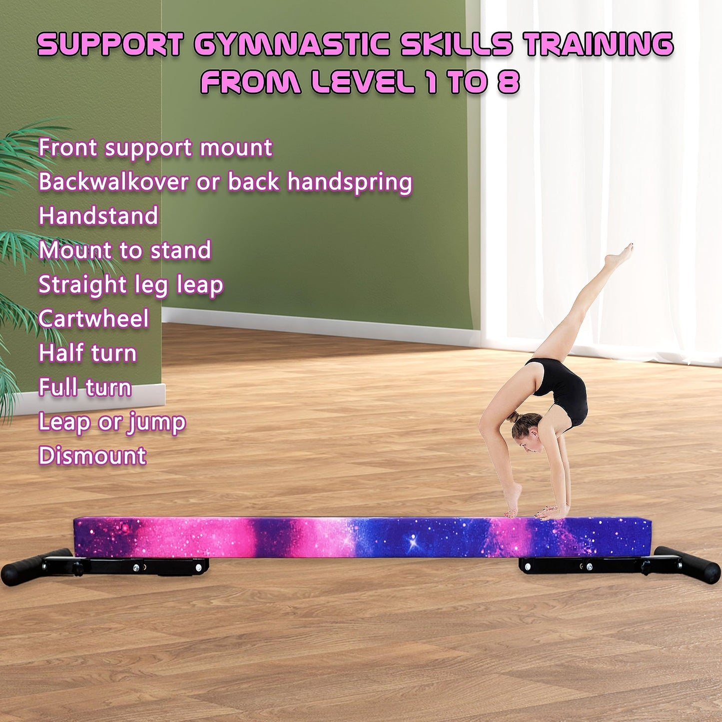 Seliyoo Adjustable Balance Beam Gymnastics Beam high and Low Floor Beam for Kids Home Training,Competition Gymnastic Equipment for All Skills with Weight Limit 500 LBS (Sparking Stars, 7"-29")