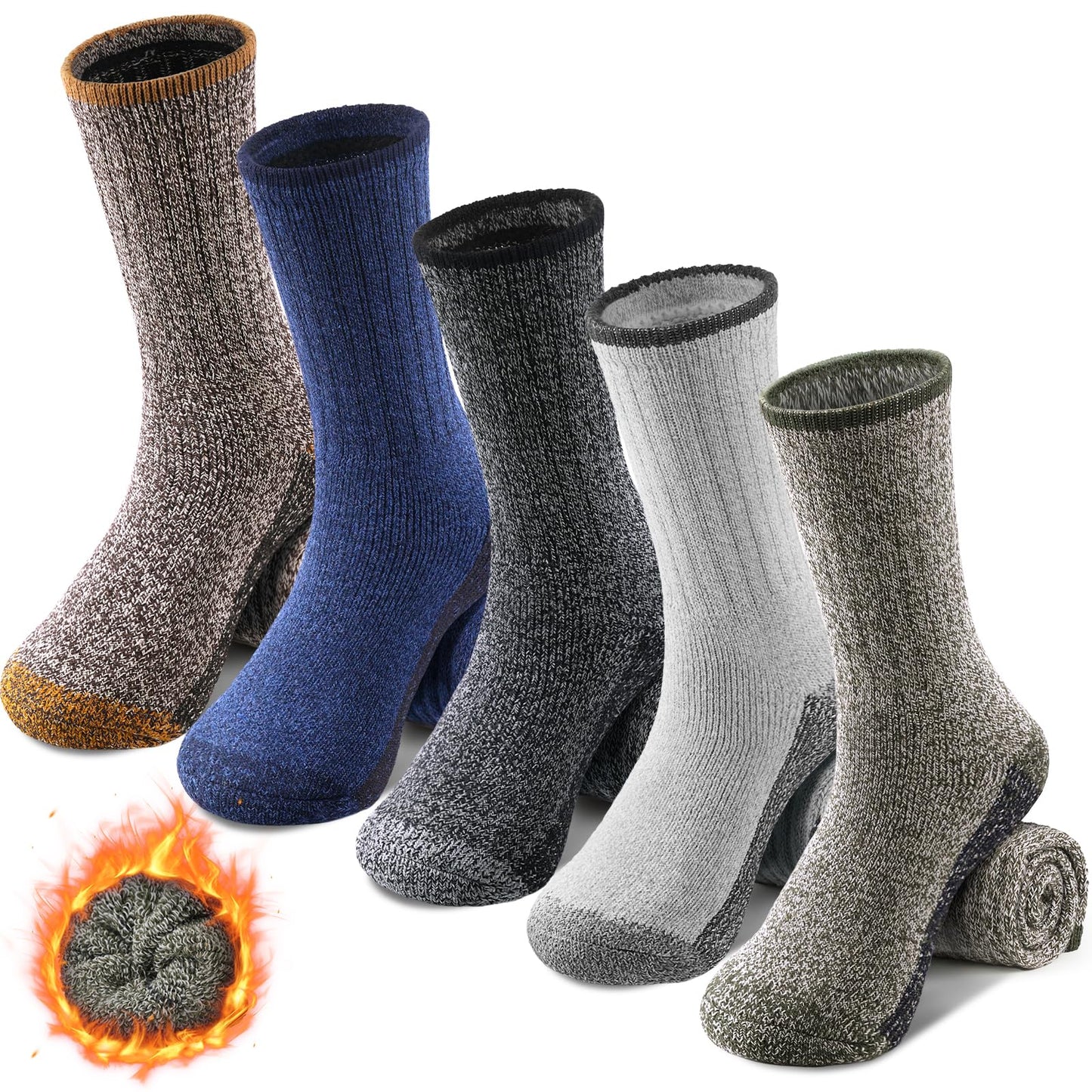 FRESBEIT Merino Wool Socks For Running 5 Pairs Winter Thick Warm Socks Thermal Shock-Absorbing Athletic Socks For Men 7-13
