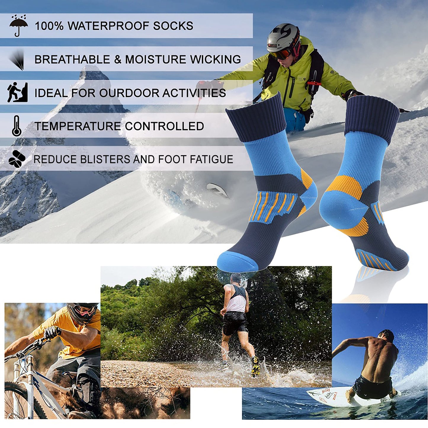 RANDY SUN Waterproof Athletic Socks, Men's Outdoor Sports Socks for Hiking Convenient and Easy to Wear 2 Pairs, Large