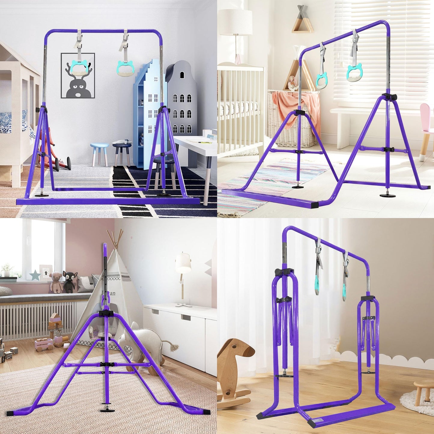 PreGymnastic Updated Folding Gymnastics Bar with Rings, Foldable Kip Bar with Sturdier Base, Gymnasitc Training Bar for Kids Ages 3-10, Gymnastic Horizontal Bars, Home Gym Equipment for Boys Girls