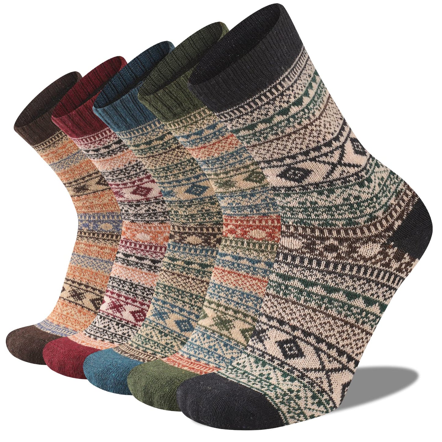 Heatuff Mens Warm Wool Socks Thermal Winter Thick Crew Pattern Socks Cold Weather 5 Pairs