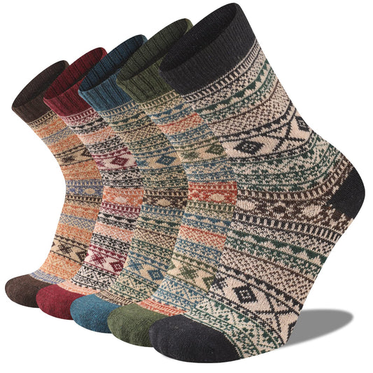 Heatuff Mens Warm Wool Socks Thermal Winter Thick Crew Pattern Socks Cold Weather 5 Pairs