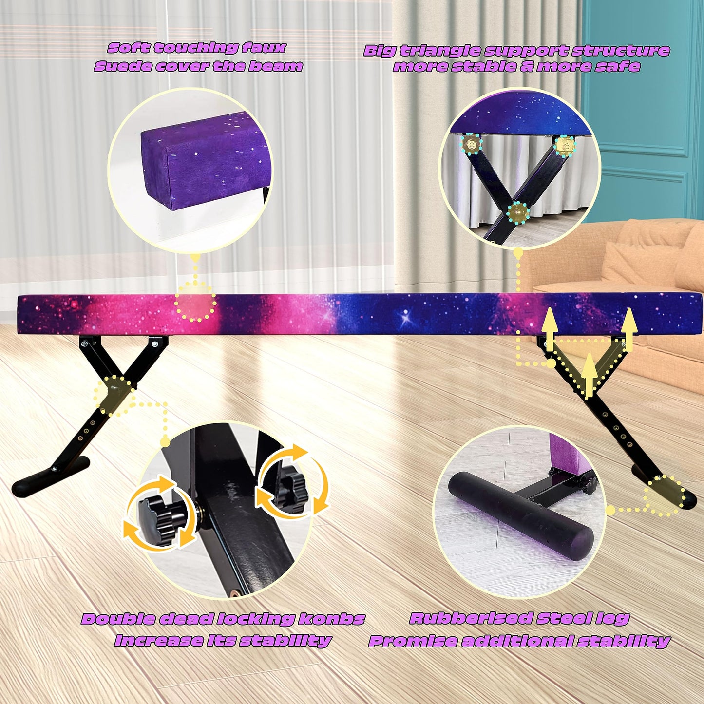 Seliyoo Adjustable Balance Beam Gymnastics Beam high and Low Floor Beam for Kids Home Training,Competition Gymnastic Equipment for All Skills with Weight Limit 500 LBS (Sparking Stars, 7"-29")