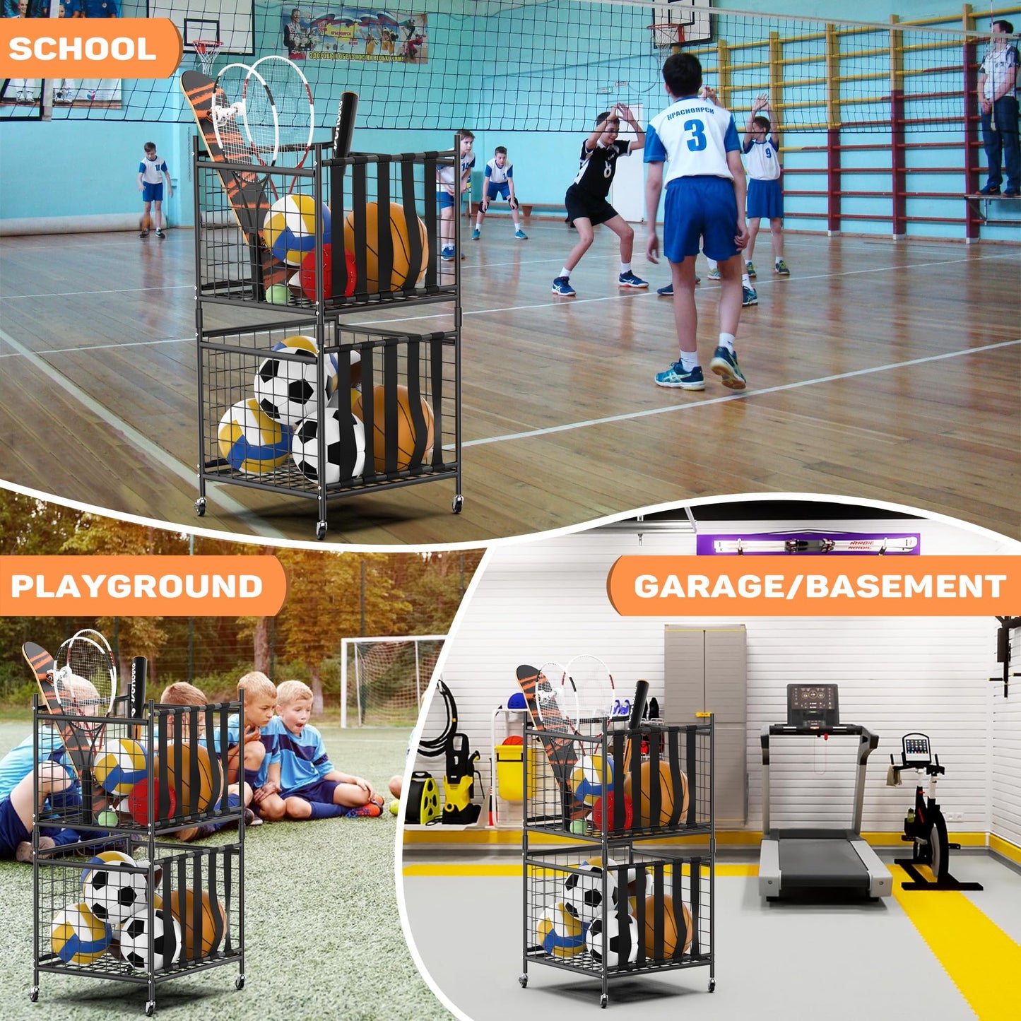 WALMANN Garage Ball Storage, Sports Ball and Sport Equipment Organizer Ball Storage Rack Indoor/Outdoor Rolling Ball/Toy Storage Cart