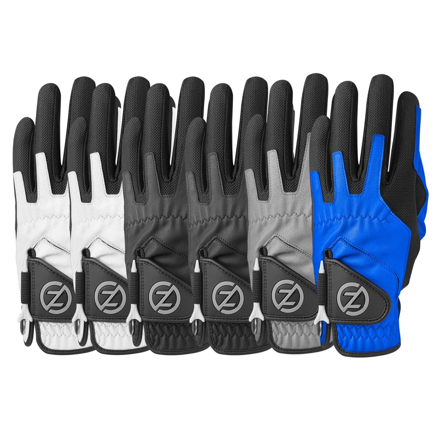 Zero Friction Men's Compression-Fit Synthetic Golf Glove - Universal Fit One Size (Pack of 6), Worn on Left Hand, White/Black/Grey/Blue