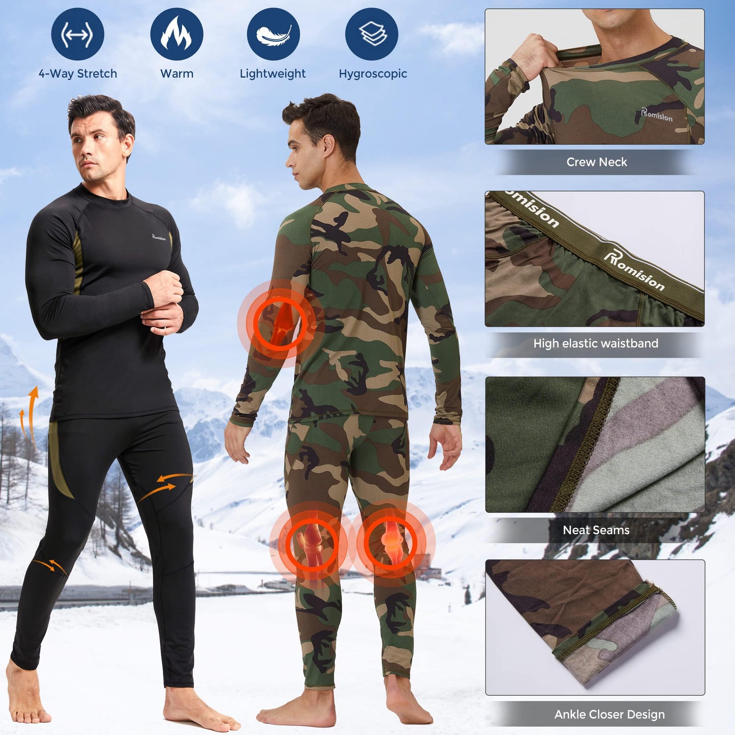 romision Thermal Underwear for Men, Ultra Soft Long Johns Set Fleece Lined Warm Base Layer Top and Bottom for Cold Weather