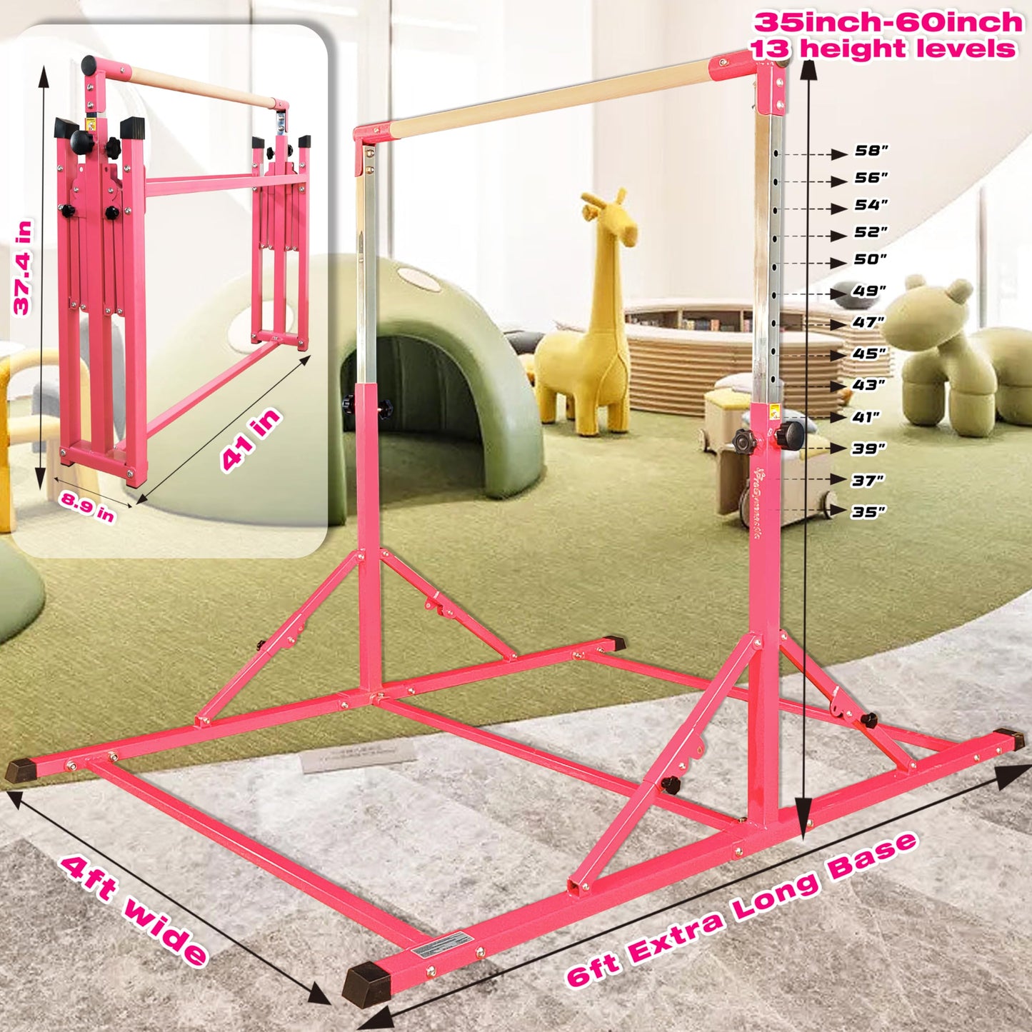 PreGymnastic Foldable Gymnastics Bar, 6FT Gymnastic Horizontal Bars, Folding Training Bar for Kids and Teenagers 3-18, Weight Limit 500 LB, Adjustable kip Bar,Children Home Gym Equipment Indoor