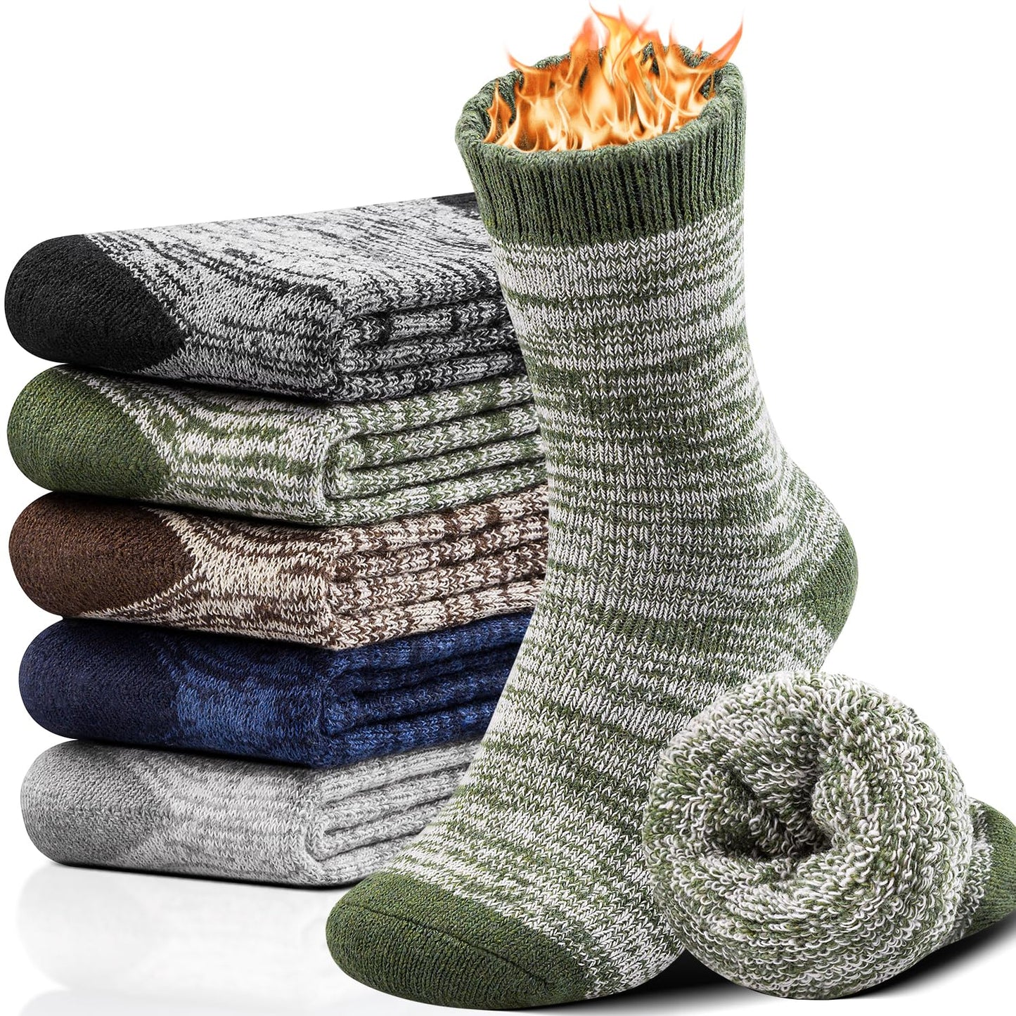 Yeblues 5 Pairs Thick Wool Socks Mens, Warm Winter Fuzzy Socks,Soft Wool Hiking Socks Men Moisture Wicking Boot Socks(size 6-11)
