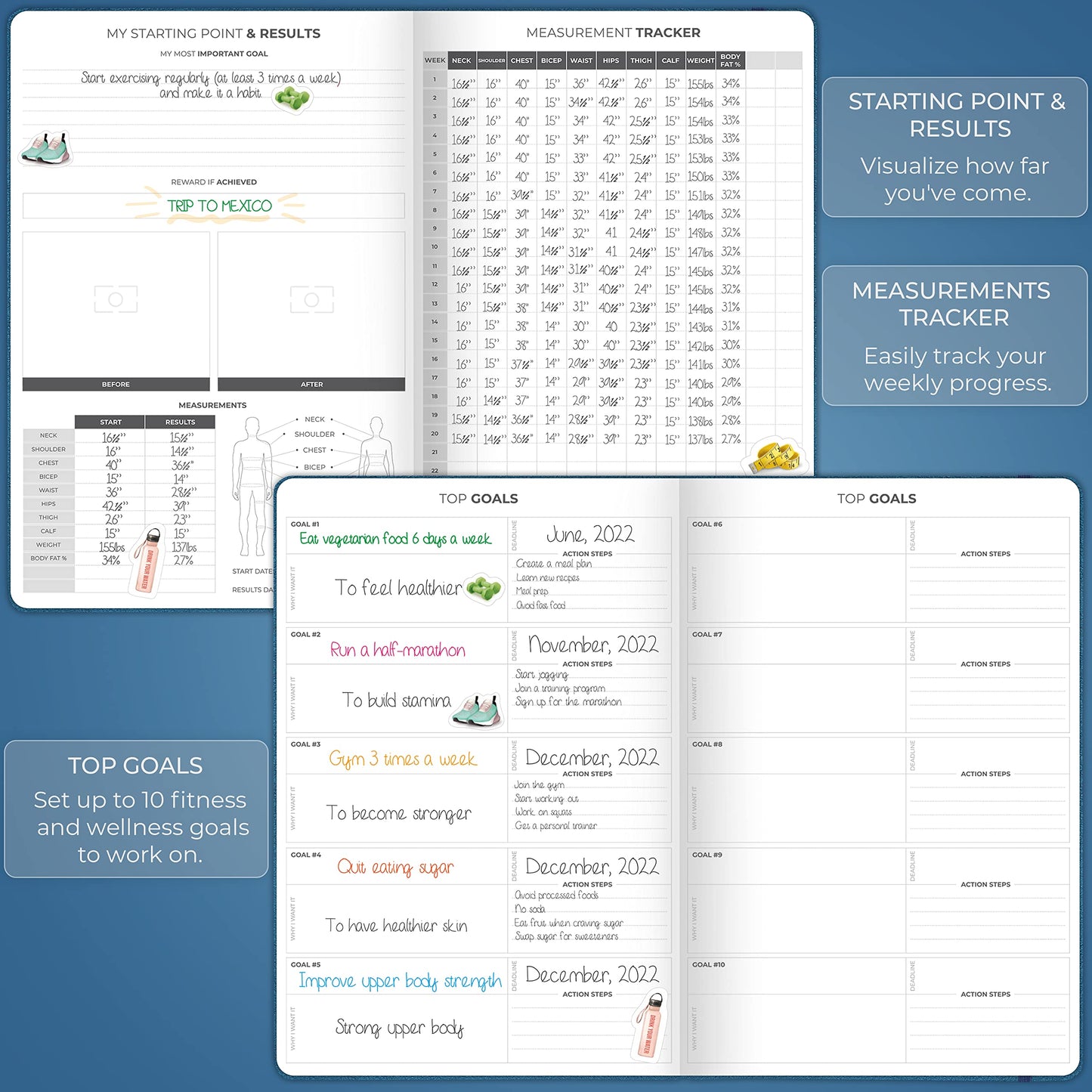 Clever Fox Fitness Journal PRO – Daily Workout Planner with Meal Planner & Habit Tracker – Gym Exercise Log Book for Women & Men – Fitness Planner Notebook – Lasts 6 Months, 7x10” - Mystic Blue