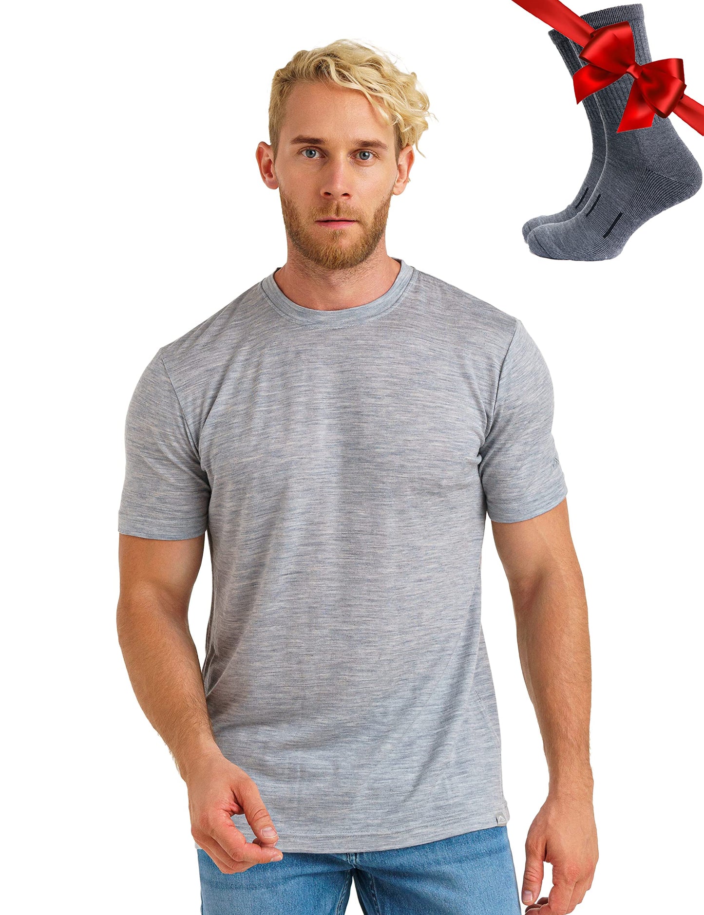 Merino.tech Merino Wool T-Shirt Mens - 100% Organic Merino Wool Undershirt Lightweight Base Layer + Hiking Wool Socks (Small, Melange Grey)