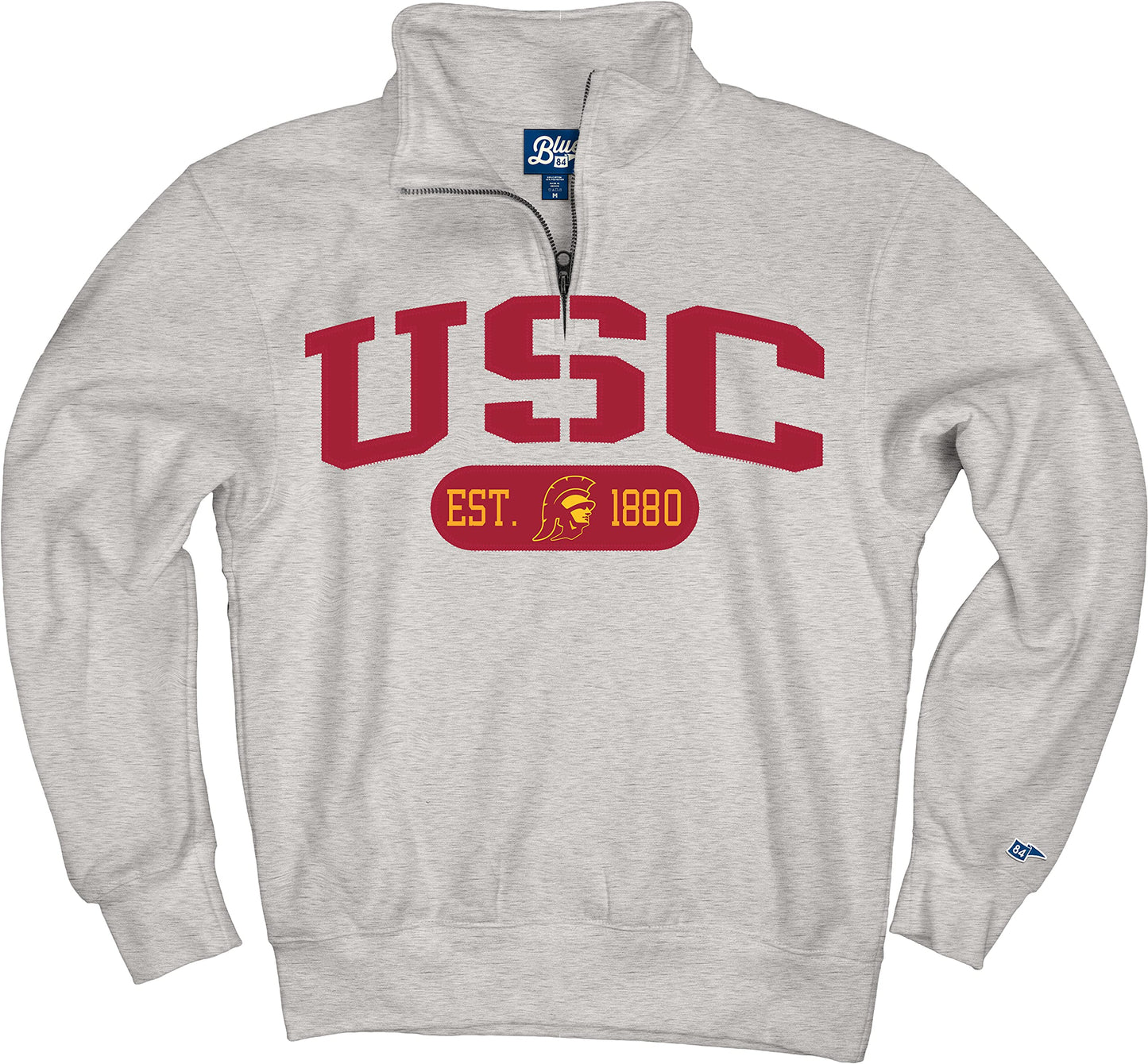 Blue 84 Men's USC Trojans Quarter Zip Sweatshirt Twill Applique Grey, Grey, Small
