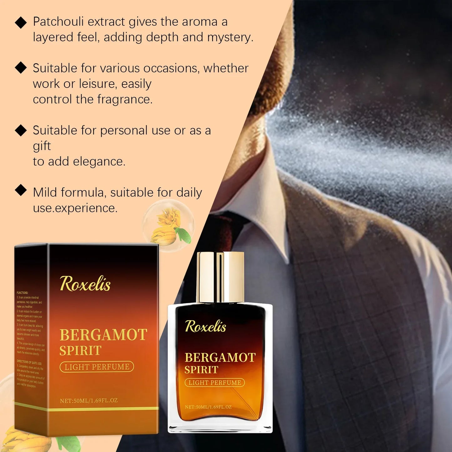 Roxelis 50ml Men Bergamot Perfume Dating Flirting Long Lasting Pheromone Fragrance Refreshing  Deodorant Charming Scent Perfume
