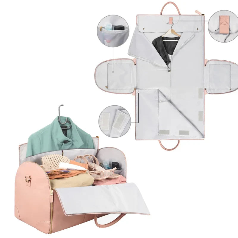 1pc Foldable Women's Travel Convenient Carry-on Clothing Bag Large PU Leather Duffel Bag Women's Business Travel Bag