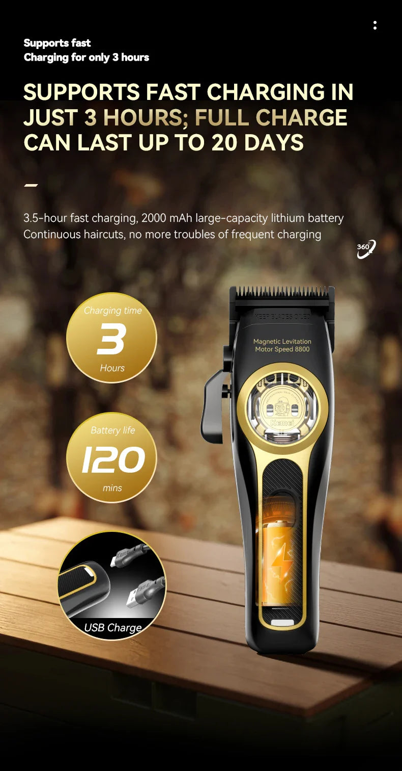 Kemei Professional Hair Clipper Magnetic Levitation Motor 8800 Rpm Charging Base Hair Clipper Men's Hair Clipper KM-2373