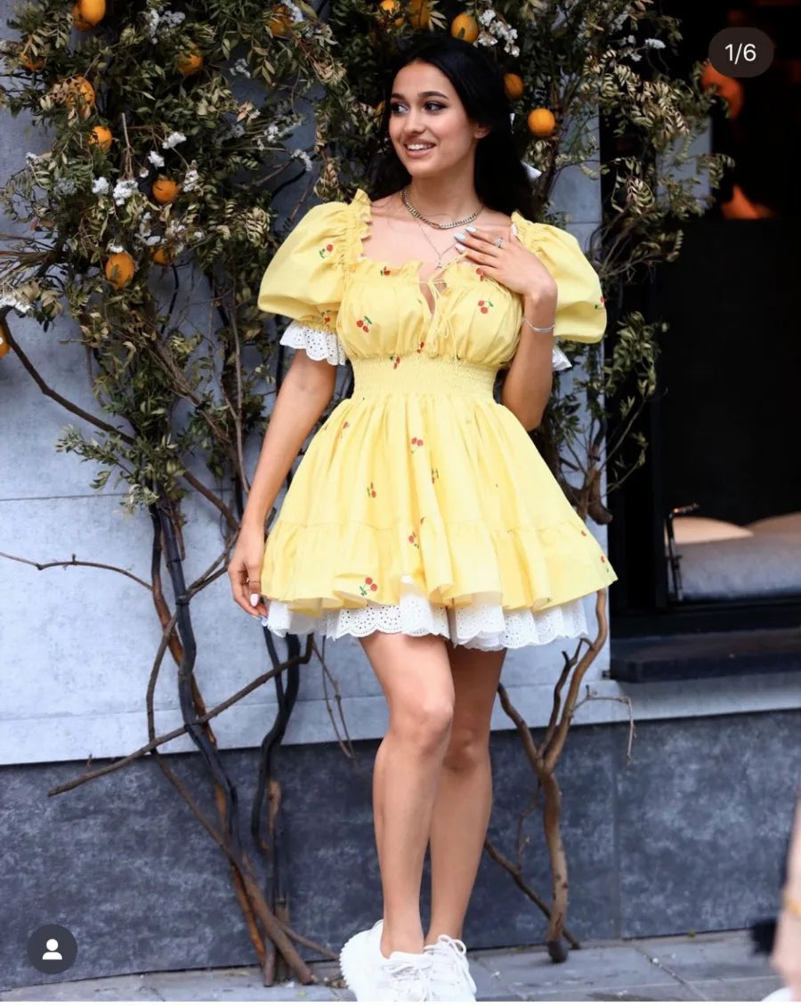 Vintage Puff Sleeve Mini Lace Dress Women Floral Printed Off Shoulder Ruffles Summer Dresses Party Elegant Square Neck Vestidos