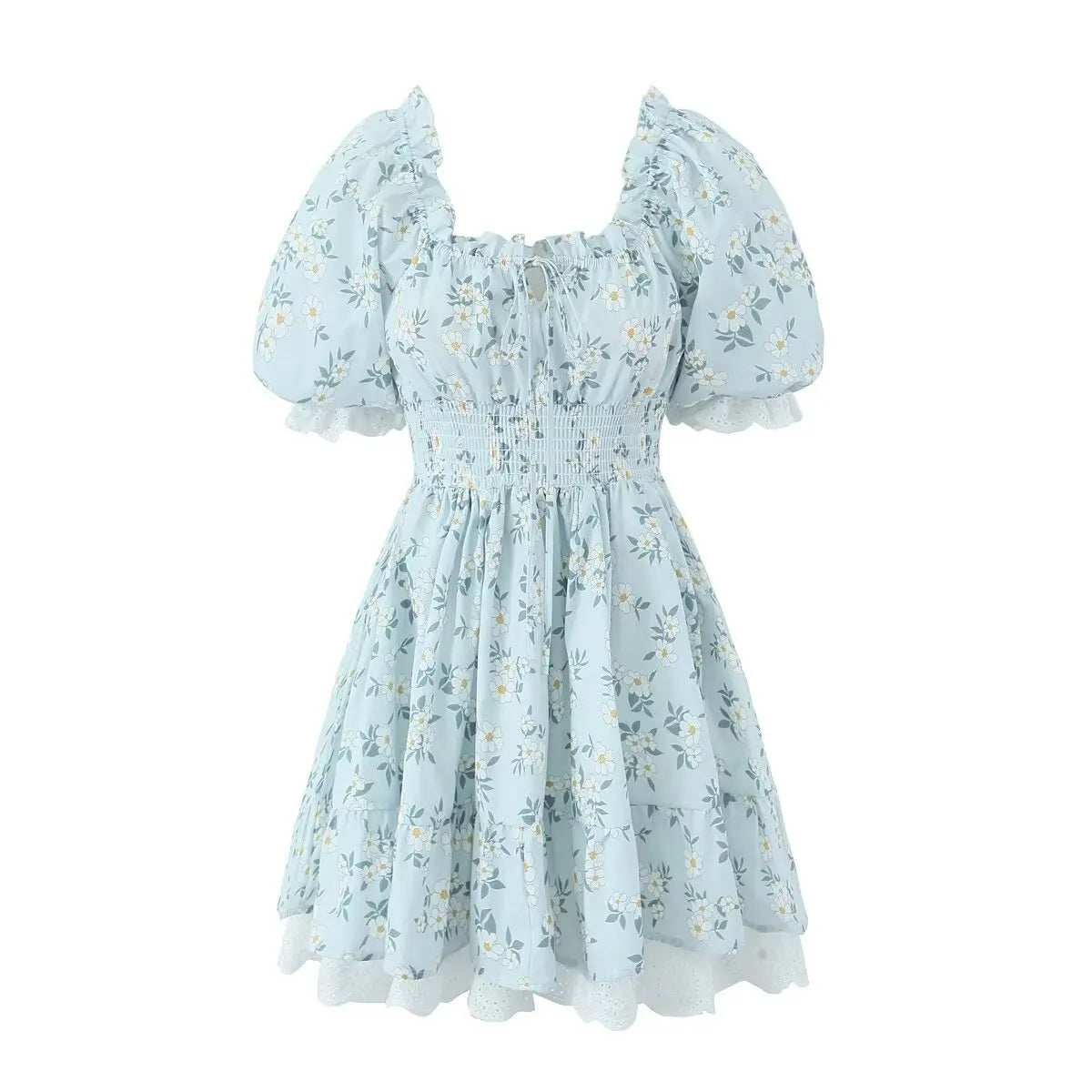 Vintage Puff Sleeve Mini Lace Dress Women Floral Printed Off Shoulder Ruffles Summer Dresses Party Elegant Square Neck Vestidos