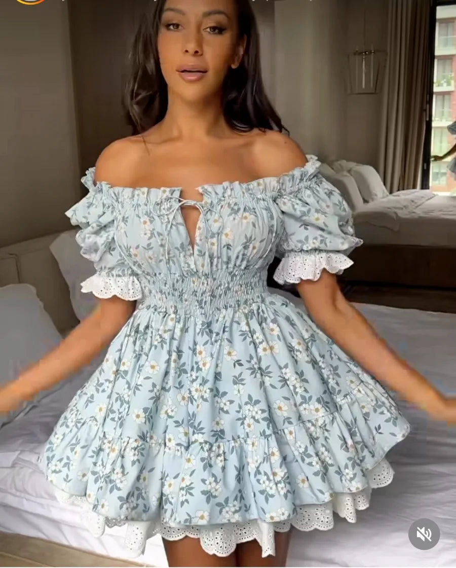 Vintage Puff Sleeve Mini Lace Dress Women Floral Printed Off Shoulder Ruffles Summer Dresses Party Elegant Square Neck Vestidos
