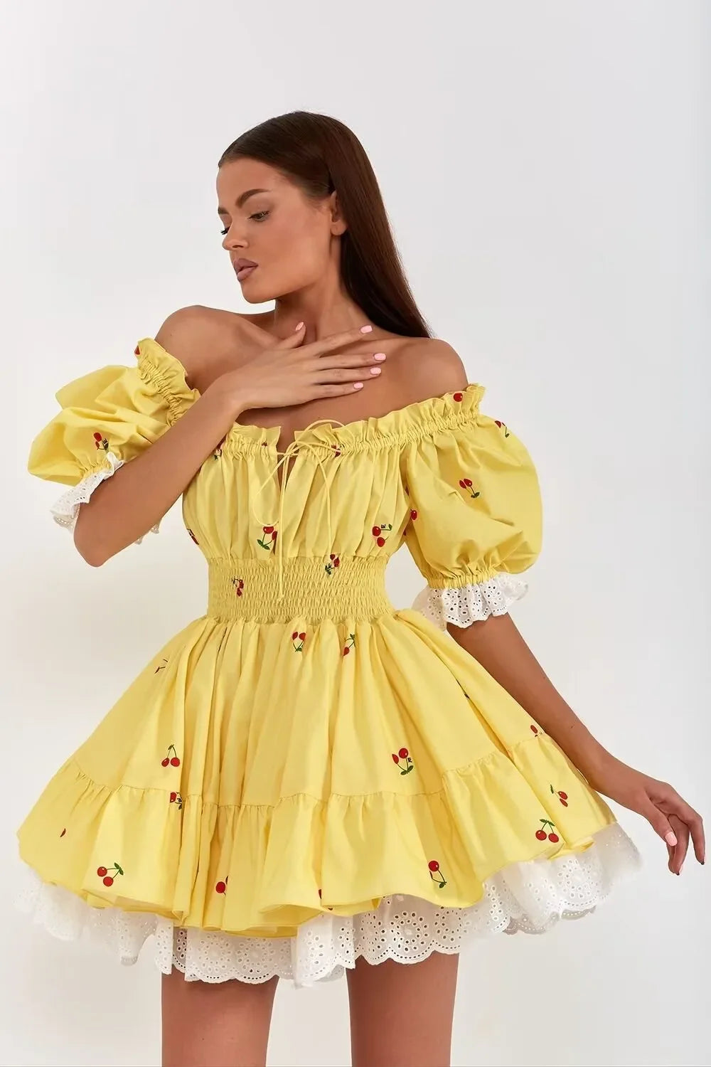 Vintage Puff Sleeve Mini Lace Dress Women Floral Printed Off Shoulder Ruffles Summer Dresses Party Elegant Square Neck Vestidos