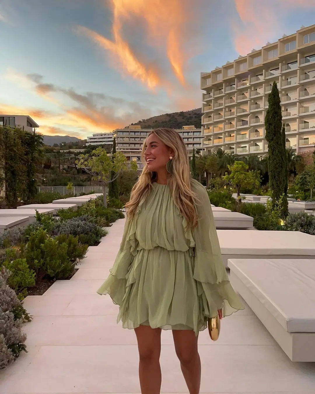 Elegant Green Ruffles Mini Dress For Women Fashion Long Flare Sleeves Round Neck Casual Short Vestidos 2025 Summer Holiday Robes