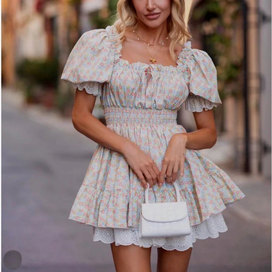 Vintage Puff Sleeve Mini Lace Dress Women Floral Printed Off Shoulder Ruffles Summer Dresses Party Elegant Square Neck Vestidos