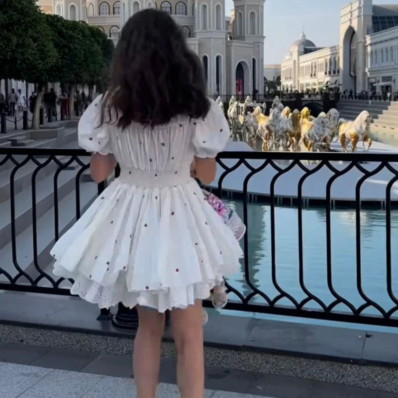 Vintage Puff Sleeve Mini Lace Dress Women Floral Printed Off Shoulder Ruffles Summer Dresses Party Elegant Square Neck Vestidos